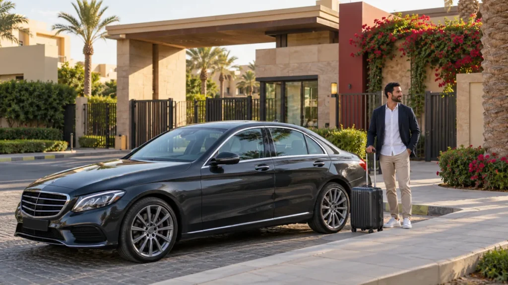 راكب بحقيبة بجوار سيارة سيدان عند نقطة لقاء خارج مدخل سكني