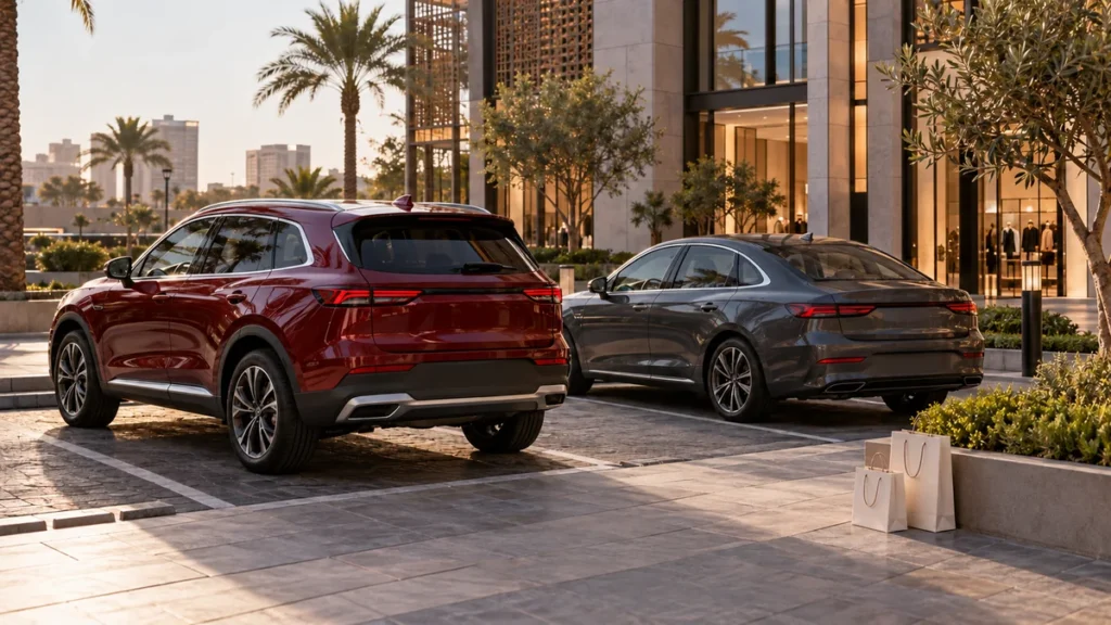 سيارة SUV حمراء وسيارة سيدان رمادية أمام مبنى تجاري مع أكياس تسوق
